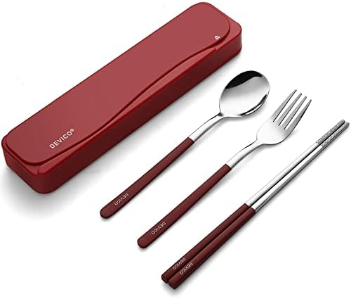 DEVICO Travel Utensils with Case, 4Pcs Portable Silverware Set for Work, 18/8 Stainless Steel Reusable Cutlery, Korean Spoon and Chopsticks Fork for Camping, School, Lunch Box Accessories (Red)