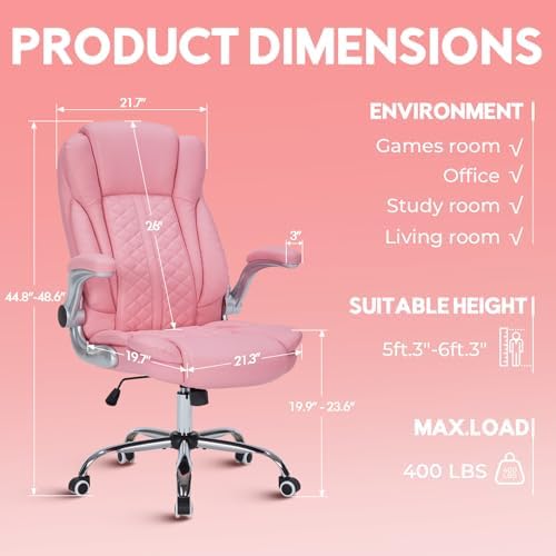 400lbs Executive Office Chair with Flip-Up Armrests, Big and Tall Computer Chair for Heavy People, Heavy Duty Ergonomic Comfy Chair, Breathable PU Leather (Pink)