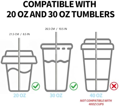 12 Pack Reusable Stainless Steel Metal Drinking Straws: 3 Bent + 3 Straight 8.5 in and 3 Bent + 3 Straight 10.5 in, Includes 2 Cleaning Brushes, Fits 20-30 oz Tumblers, Dishwasher Safe