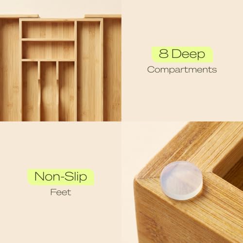 Drawer Organizer for Kitchen Organization – Expandable Bamboo Silverware Drawer Organizer with Removable Knife Block, Bamboo Cutlery, Non-Slip Utensil Organizer with 7-Slot Knife Storage for Flatware