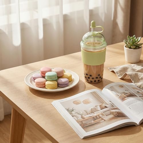 Reusable Ices Coffee Cups with Lids and Straws 17oz, Boba Cup with Straw, Tumbler with Silicone Sleeve for Cold Drinks, Iced Coffee, Bubble Tea Green