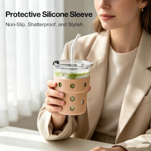 Mrsdry 12oz Iced Coffee Cup with Lids and Straws, BPA Free Reusable Glass Coffee Cups with Silicone Sleeves for Coffee, Iced tea, Thick Wall Glass Cup
