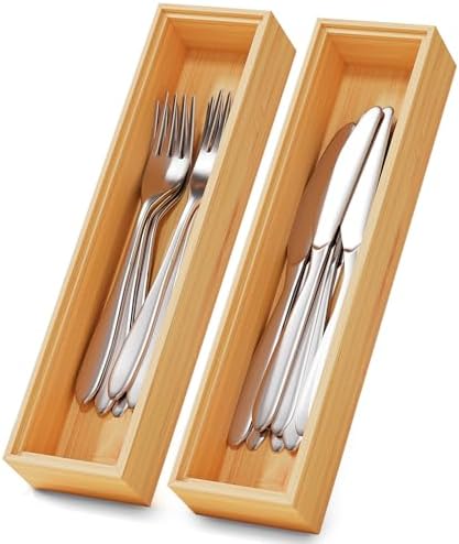 Bamboo Kitchen Drawer Organizer Boxes 12" x 3" Stackable Wooden Organizers