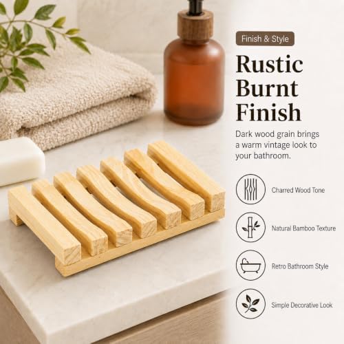 Bamboo Soap Dish for Bar Soap, Raised Wooden Holder with Drain Slots，Natural Pine Wood Soap Box
