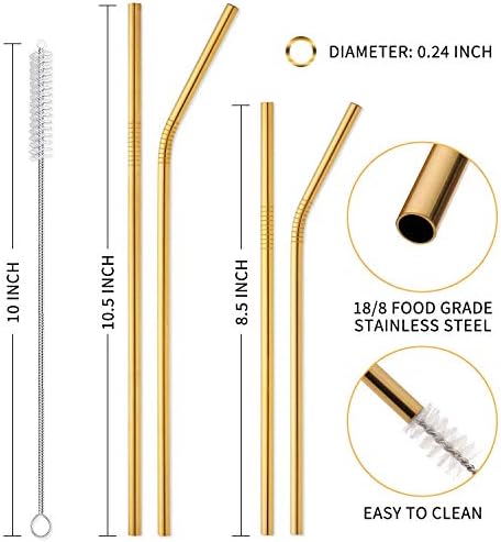 Hiware 12-Pack Gold Stainless Steel Straws Reusable with Case - Metal Drinking Straws for 30oz & 20oz Tumblers Dishwasher Safe, 2 Brushes Included