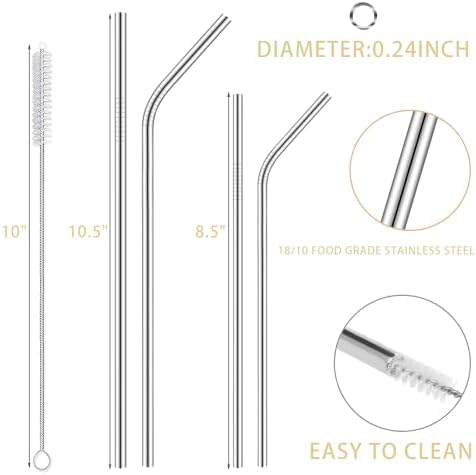 8-Pack Reusable Stainless Steel Metal Straws with Cleaning Brush - Long Metal Straws Drinking for 30 oz and 20 oz Tumbler Eco Friendly