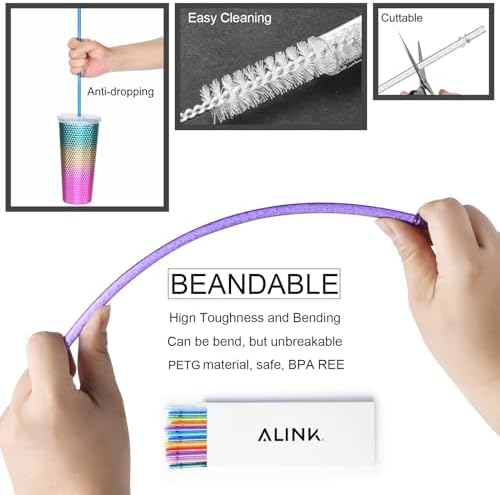 ALINK 12-Pack Reusable Glitter Straws, 13 inch Extra Long Hard Plastic Tumbler Straws for Stanley Cups, 64 oz 40 oz 32 oz Tumblers, Yeti, Mason Jar, Gallon Jug with Brush - Assroted Colored
