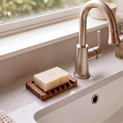 Jinei 1 Pcs Scalloped Wood Soap Dish 4.72 x 2.95 x 0.59 Inch Sapele Bar Soap Holder with Self Draining Non-Slip Point Design Sponge Saver for Shower Bathroom Kitchen