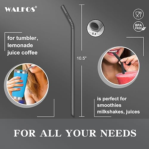 Walfos Reusable Silicone Straws -10.5 Inch Flexible Drinking Bendy straws for Smoothies/20 & 30 oz Tumblers, BPA Free (6 pcs Wide + 1 Cleaning Brushes ）