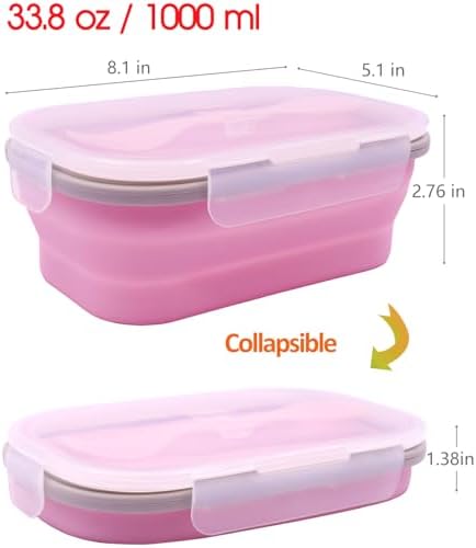 2 Pack Collapsible Silicone Bento Lunch Boxes With Lids Spoon Fork, 33.8oz, Meal Prep Food Storage Containers, Durable, Safe in Microwave, Dishwasher and Freezer, BPA Free (Yellow and Pink)