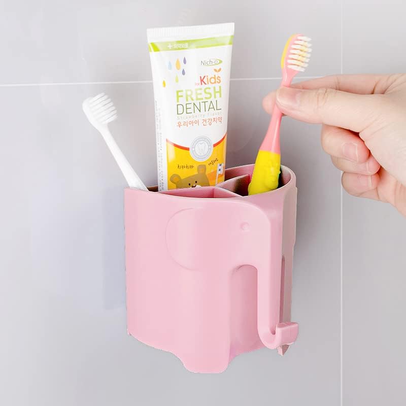 Elephant Toothbrush Holder for Toddler, Cute Toothbrush Holder for Kids, Electric Toothbrush Toothpaste Holder with 3 Rapid Drying Slots and a Hook for Bath Ball, Pink