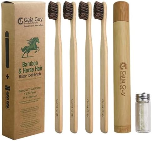 Gaia Guy Bamboo and Horsehair Bristle Toothbrush (4 Pack) + Travel Case & Silk Dental Floss | 100% Compostable Bristles and Floss | Eco-Friendly Dental Set | Biodegradable Wooden Toothbrushes
