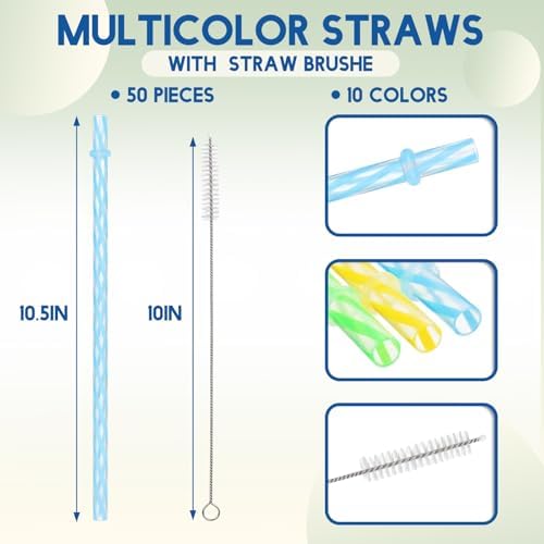 Jovitec 50 Pcs 11 Inch Reusable Plastic Straws with Brush, 10 Colors