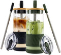 Pandaloo® Glass Cups With Lids and Straws -20 Fl Oz- Perfect Size Iced Coffee Cup - Smoothie Cup With Bamboo Lid and On the go Lid - (2 Count (Pack of 1), Black Saphir-Mediterranean Olive)