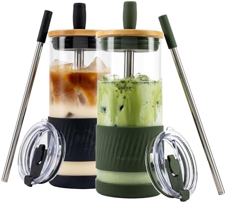 Pandaloo® Glass Cups With Lids and Straws -20 Fl Oz- Perfect Size Iced Coffee Cup - Smoothie Cup With Bamboo Lid and On the go Lid - (2 Count (Pack of 1), Black Saphir-Mediterranean Olive)
