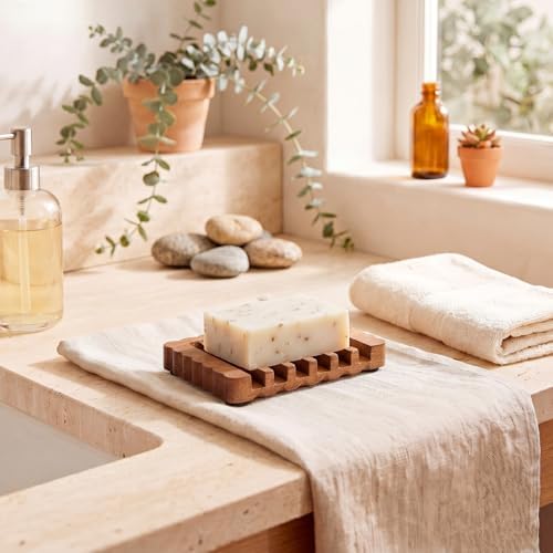 Jinei 1 Pcs Scalloped Wood Soap Dish 4.72 x 2.95 x 0.59 Inch Sapele Bar Soap Holder with Self Draining Non-Slip Point Design Sponge Saver for Shower Bathroom Kitchen