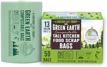 Green Earth Compostable Tall Kitchen Food Scrap Trash Bags, Compost Bin Compatible, 13 Gallon, 49 Liter, 200-Count, Superior Strength 0.9 Mil, ASTM D6400, BPI (US) & OK Compost Home (EU) Certified