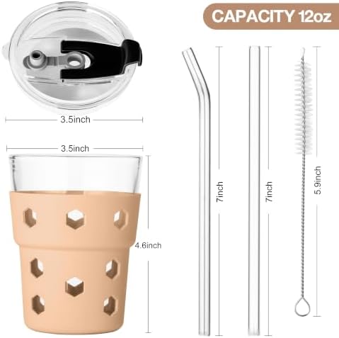 Mrsdry 12oz Iced Coffee Cup with Lids and Straws, BPA Free Reusable Glass Coffee Cups with Silicone Sleeves for Coffee, Iced tea, Thick Wall Glass Cup