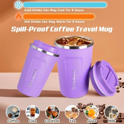 SPLMIFA Travel coffee mugs leak-proof, reusable coffee cup with lid, stainless steel vacuum insulated coffee tumblers, thermal insulation cups for men & women keep drinks hot & cold (2nd-Purple, 12OZ)