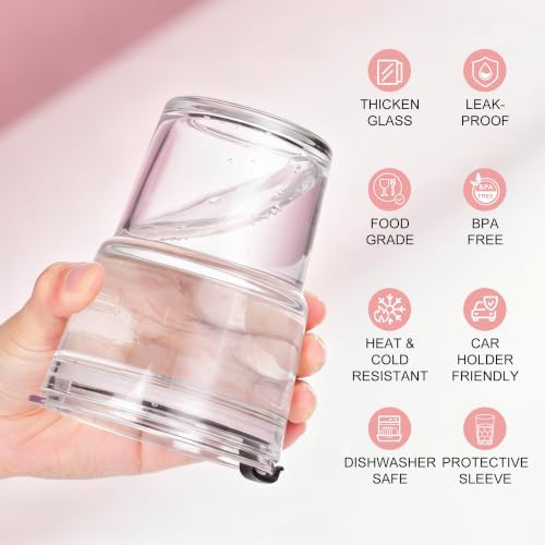 Mrsdry 12oz Iced Coffee Cup with Lids and Straws, BPA Free Reusable Glass Coffee Cups with Silicone Sleeves for Coffee, Iced tea, Thick Wall Glass Cup