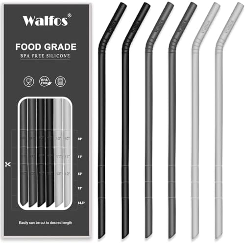 Walfos Reusable Silicone Straws -10.5 Inch Flexible Drinking Bendy straws for Smoothies/20 & 30 oz Tumblers, BPA Free (6 pcs Wide + 1 Cleaning Brushes ）