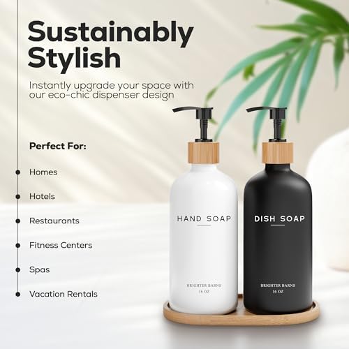 Luxury Glass Hand and Dish Soap Dispenser Set by Brighter Barns - Kitchen Soap Dispenser Set with Tray - Bamboo Pump Bottle for Kitchen Sink - Boho Home Decor, Modern Decor in Restaurant (Black/White)