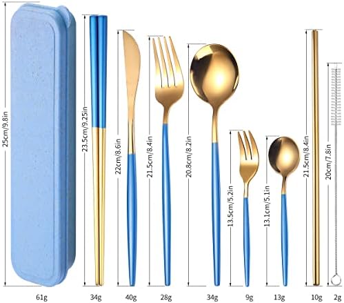 AARAINBOW 8 Pieces Stainless Steel Flatware Set Portable Reusable Cutlery Set Travel Utensils Set Including Chopsticks Knife Fork Spoon Straws Cleaning Brush Dishwasher Safe (Blue Golden)