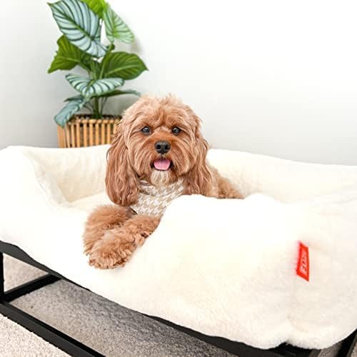 FUZI Elevated Dog Bed Small with Extra Cover, Luxury Raised Pet Bed, Removable and Machine Washable Cover, Indoor/Outdoor Orthopedic, Small 25.1x16.75x18 Soft White and Black Base