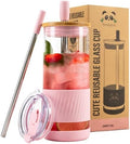 Pandaloo® Glass Cups With Lids and Straws -20 Fl Oz- Perfect Size Iced Coffee Cup - Smoothie Cup With Bamboo Lid and On the go Lid - Glass Tumbler With Straw (1 Count (Pack of 1), Tender Pink)
