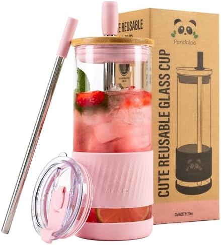 Pandaloo® Glass Cups With Lids and Straws -20 Fl Oz- Perfect Size Iced Coffee Cup - Smoothie Cup With Bamboo Lid and On the go Lid - Glass Tumbler With Straw (1 Count (Pack of 1), Tender Pink)