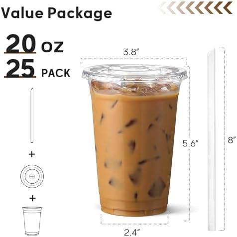 AOZITA 20 oz Plastic Cups with Lids and Straws, 25 Pack, Disposable Iced Coffee Cups with Lids, Clear Cups with Lids for Cold Drinks, Iced Tea, Milkshakes, Smoothies - Durable & BPA Free