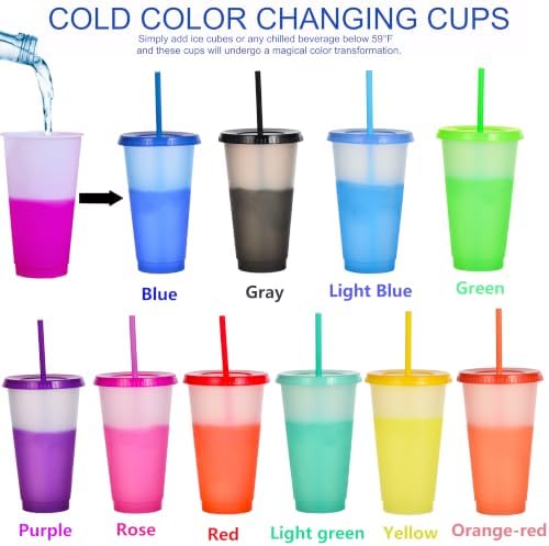 Color Changing Cups, 5 Pack 24oz Plastic Tumblers, Reusable Iced Coffee & Smoothie Cups with Lids and Straws for Parties and Travel (9 Changing, 9 Packs)