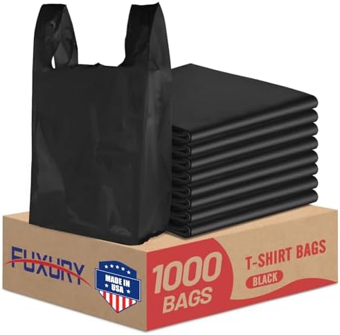 Fuxury 1000 Count Black Plastic Grocery Shopping T-shirt Bags with Handles