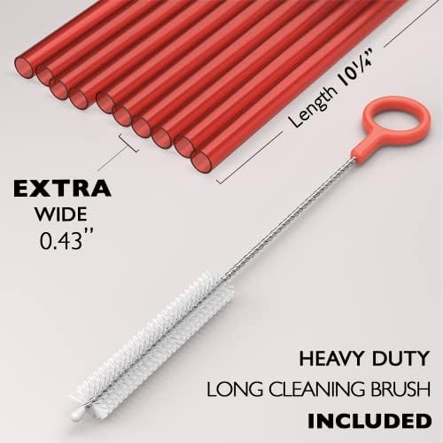 Fiesta First 10 EXTRA WIDE Long Reusable Hard Plastic Drinking Straws + Cleaning Brush - Fat Thick Large Jumbo Straws for Smoothies and Milkshakes - Red - Dishwasher Safe BPA Free