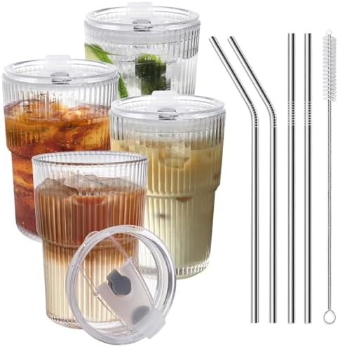 HIGIINC Iced Coffee Cups With Lids and Straws 4 Pcs, 16 OZ Unbreakable Glasses Drinking Set,Clear Plastic Cups Reusable Iced Coffee Tumbler with Lid and Straw, To Go Coffee Cups Dishwasher Safe