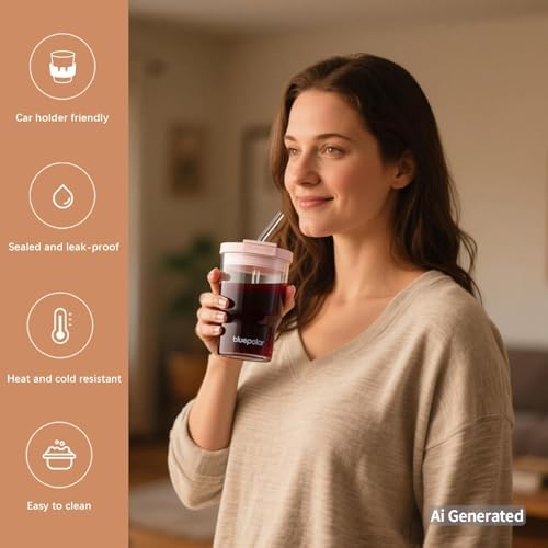 Glass Cups with Lids and Straws,16oz/480mll Reusable Iced Coffee Glasses & Juice Bottles,Cold Brew Tumblers with Leakproof Lids,BPA-Free Glass Jars for Juicing,Matcha,Flower Tea,Smoothie (Pink)