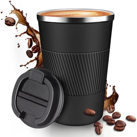 12OZ Travel Coffee Mug Insulated Coffee Cup with Spill Leak Proof Lid, Portable Stainless Steel Tumbler Reusable Hot and Cold Water Mug for Car, Daily, Camping-Black