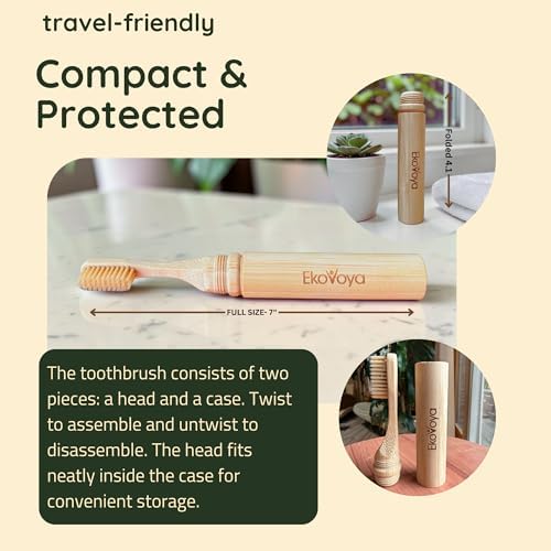 Bamboo Screwable Toothbrush with Case, 2-Piece Design, Soft BPA-Free Bristles, Natural Compact Travel Toothbrush for Camping & Daily Use