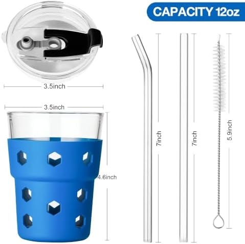 Mrsdry 12oz Iced Coffee Cup with Lids and Straws, BPA Free Reusable Glass Coffee Cups with Silicone Sleeves for Coffee, Iced tea, Thick Wall Glass Cup