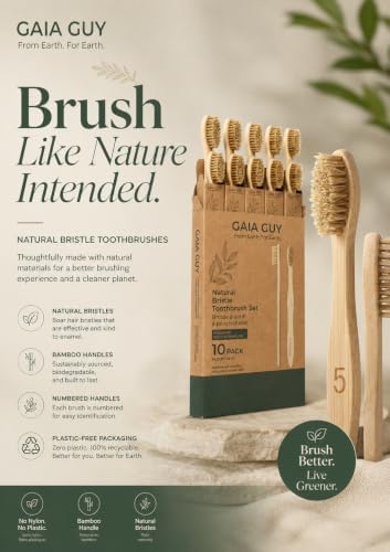 Gaia Guy Boar Bristle Bamboo Toothbrushes – 10 Pack Natural Bristle Toothbrush Set, Plastic-Free & Nylon-Free, Numbered Bamboo Handles, Medium Boar Hair Bristles for Adults & Families