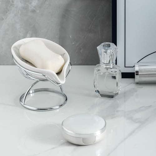 Dobbyby Leaf-Shaped Soap Dish – Ceramic Soap Bar Holder with Self-Drainage System – Bar Soap Holder for Shower, Bathroom Sink, Kitchen – Soap Dish with Stainless Steel Stand (White-Sliver-2 Pack)
