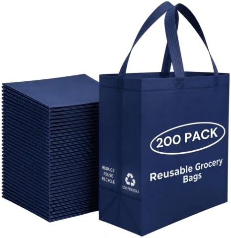 Simply Cool 200 Pack Reusable Grocery Bags, Large Tote Bags Bulk, Navy Blue
