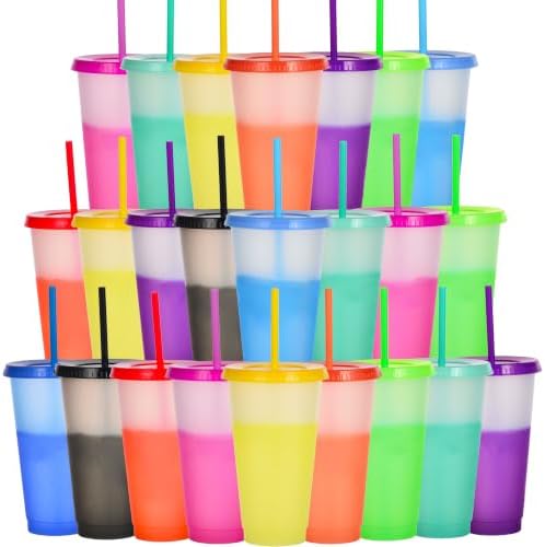 Color Changing Cups, 5 Pack 24oz Plastic Tumblers, Reusable Iced Coffee & Smoothie Cups with Lids and Straws for Parties and Travel (transparent, 24 Pcak)