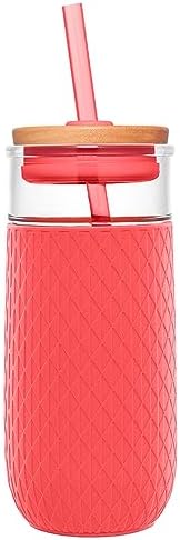 Ello Devon 18oz Glass Tumbler with Straw & Lid for Iced Coffee, Coral