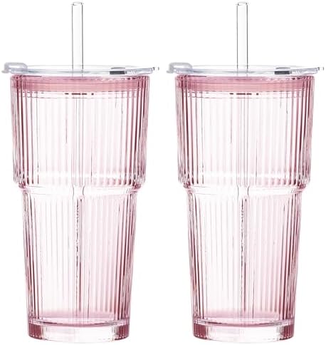 20oz Iced Coffee Cups with Lids, Ribbed Glass Cups with Lids and Straws