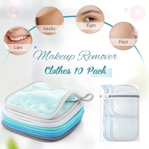 VitalCozy 10 Pack Makeup Remover Cloths, Makeup Remover Towels Reusable Face Cloth Eraser for Washing Face Microfiber Washcloth for Women Cleansing Just Water with Mesh Bag(Blue Colors)