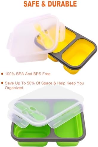 Set of 3 Collapsible Silicone Bento Lunch Boxes With Lids Spoon Fork, Divided Compartments Food Storage Containers, Safe in Microwave, Dishwasher and Freezer, BPA Free (Assorted 3PCS)