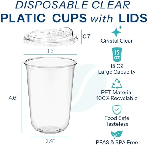 Homestockplus 15 oz Clear Plastic Cups with Lids (100 Pack) - Strawless Sip Lids, Leak-Proof & BPA-Free Iced Coffee Cups - Disposable Cold Drink Cups for Smoothies, Milkshake, Parties, Events
