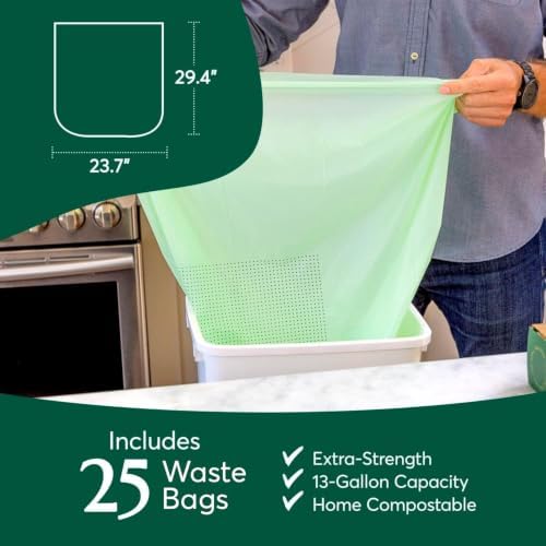 Cleanomic Compostable* 13 Gallon Waste Bags with Drawstring (3 Pack, 75 Count), BPI Certified For Kitchen Compost