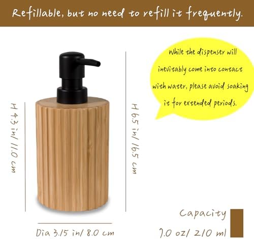 Ribbed Bamboo Soap Dispenser, Natural Finish Black Pump 2 Pack